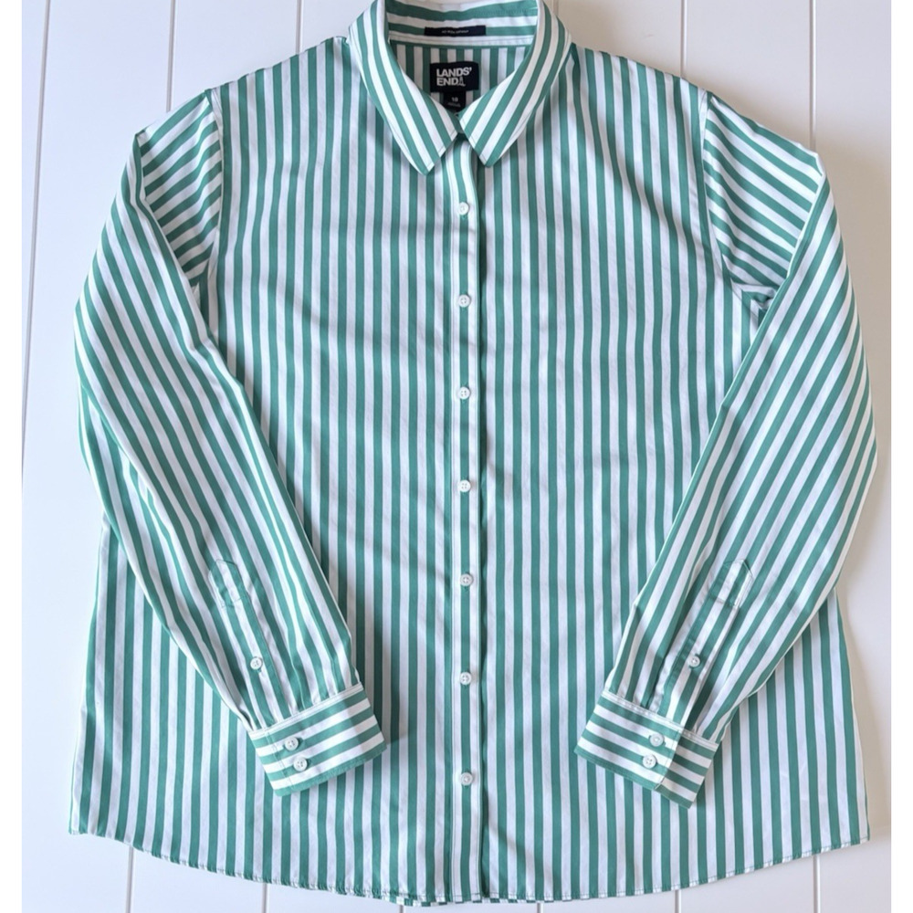 Lands End Striped Cotton Button Front Shirt Green White Size 18 Preppy Coastal